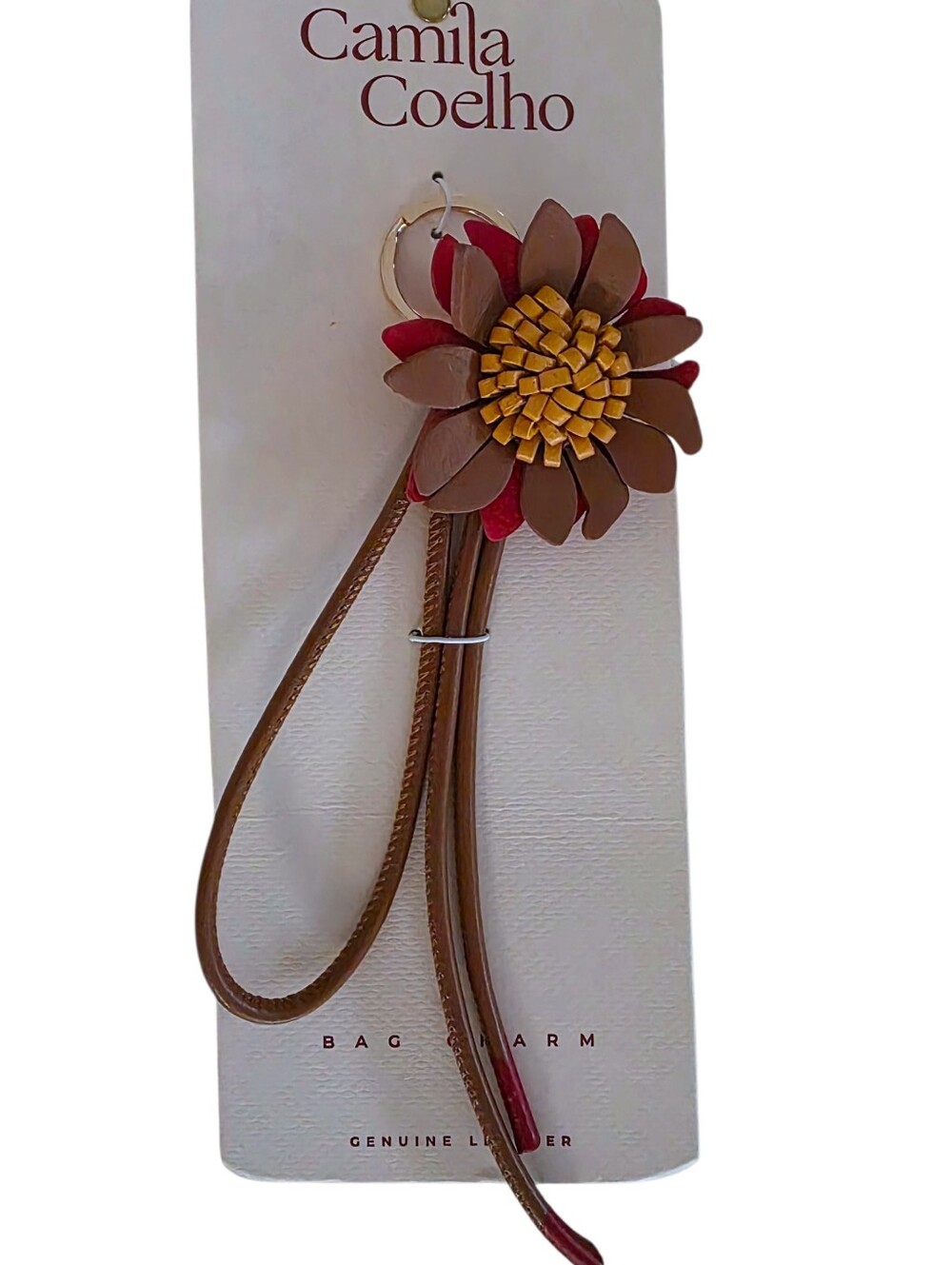 Camila Coelho Red Yellow Tan Genuine Leather Flower Bag Charm Purse Keychain NEW